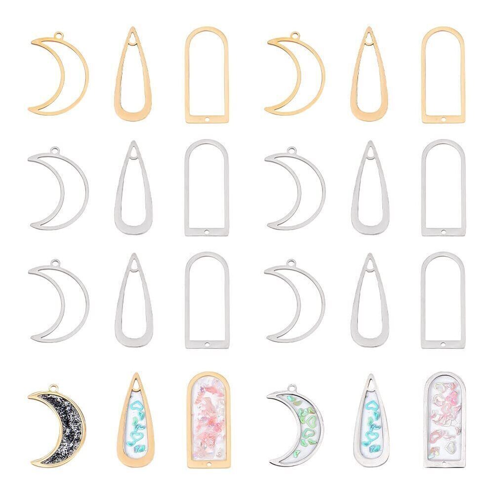 7064 18Pcs 3 Styles Stainless Steel Open Back Bezel Pendants Gold